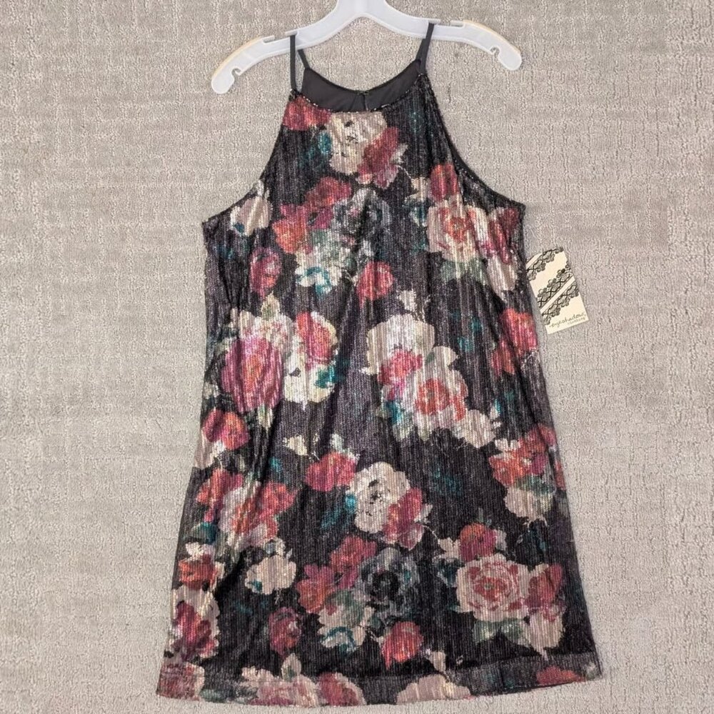 Eyeshadow Sequins Large Floral Halter A line Mini Midi Cocktail Party Dress